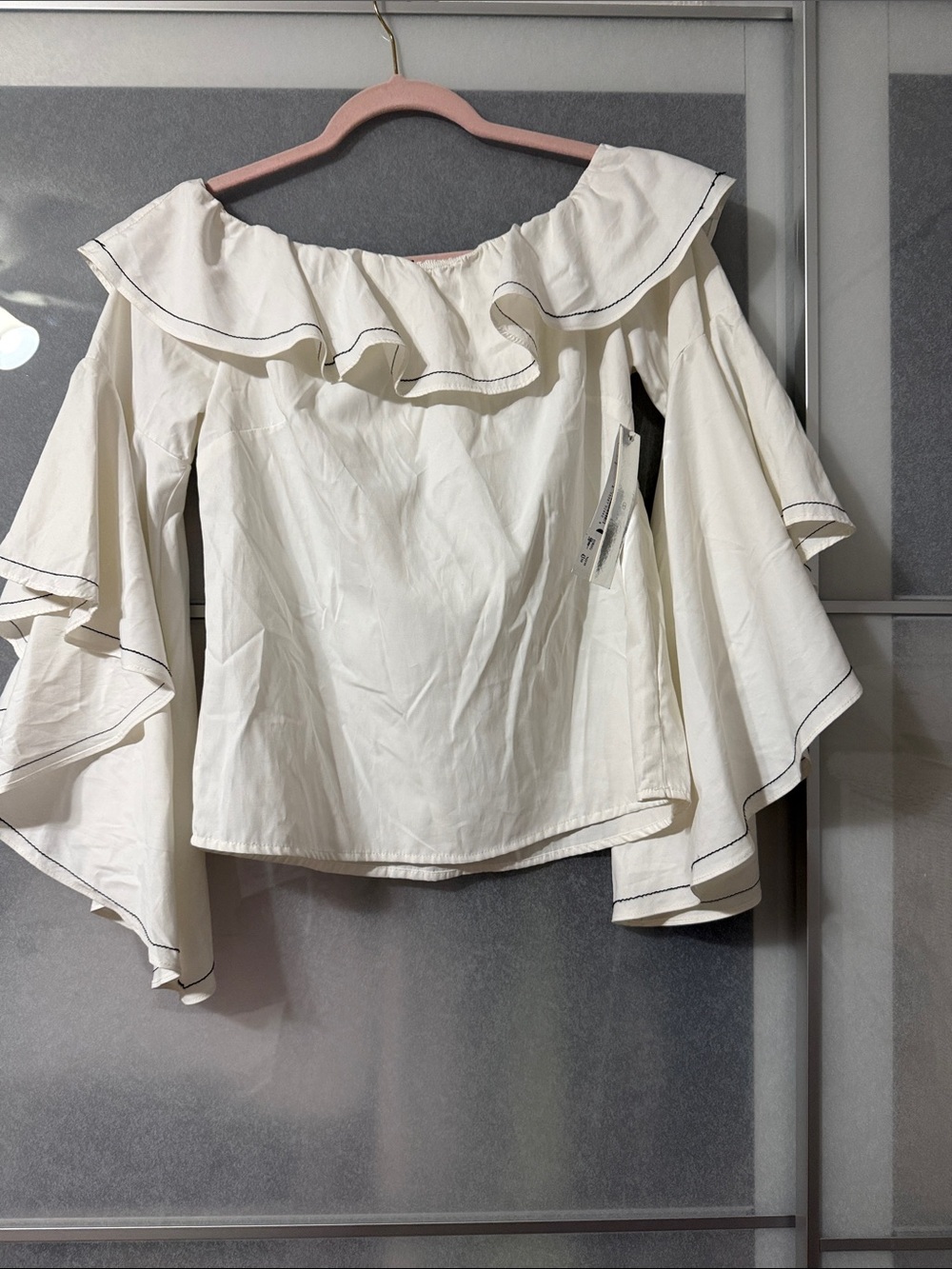 Aqua Off-Shoulder Ruffle Top - White with Contrast Trim
